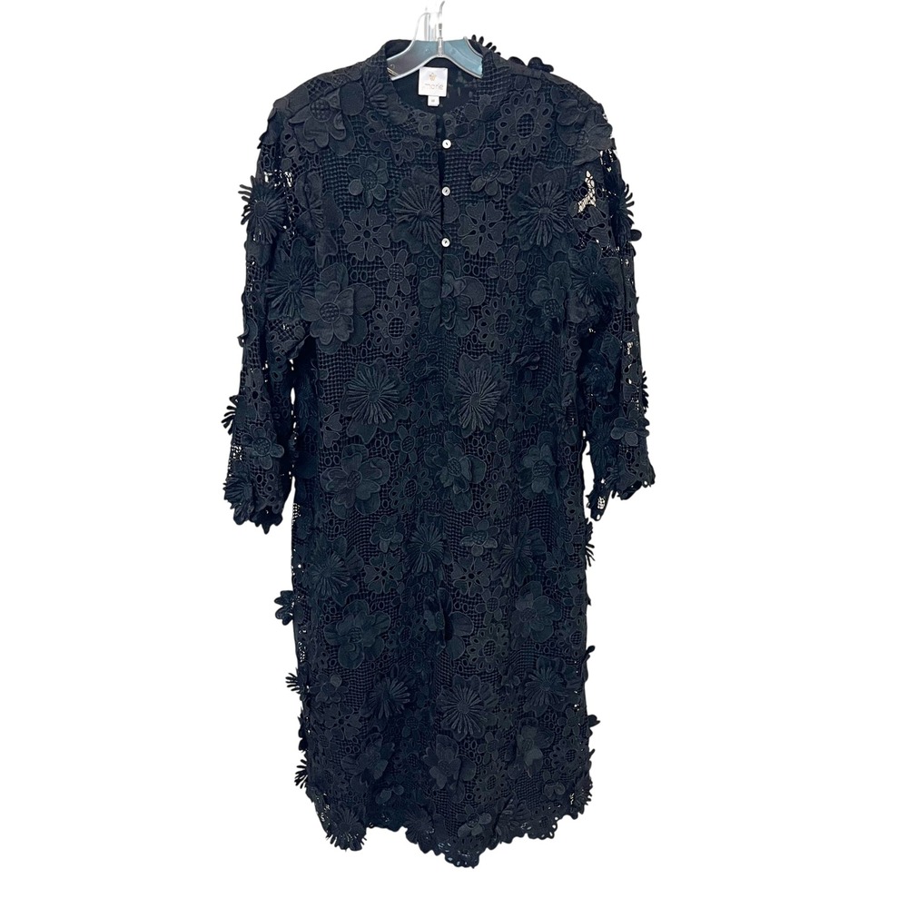 J. Marie Black Floral Guipure Lace Midi Dress 3D Applique Bell Sleeve Sz Medium